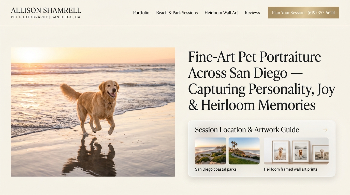 Brandcore website concept for Allison Shamrell Pet Photography: a cream editorial home page with a golden retriever running on the beach and a session and artwork guide